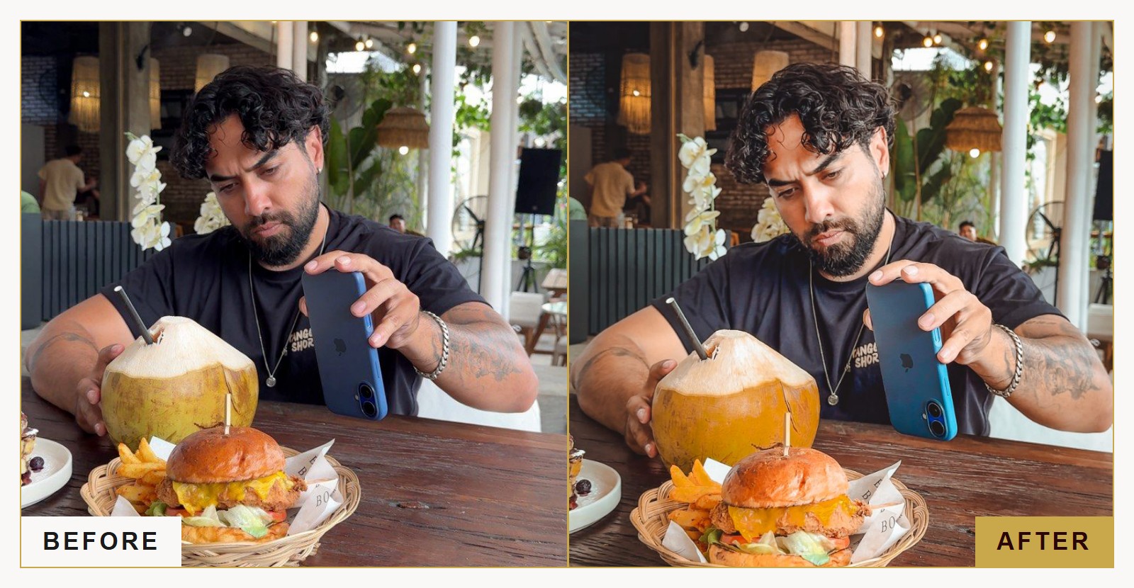 The same photo of me before and after one Helios preset