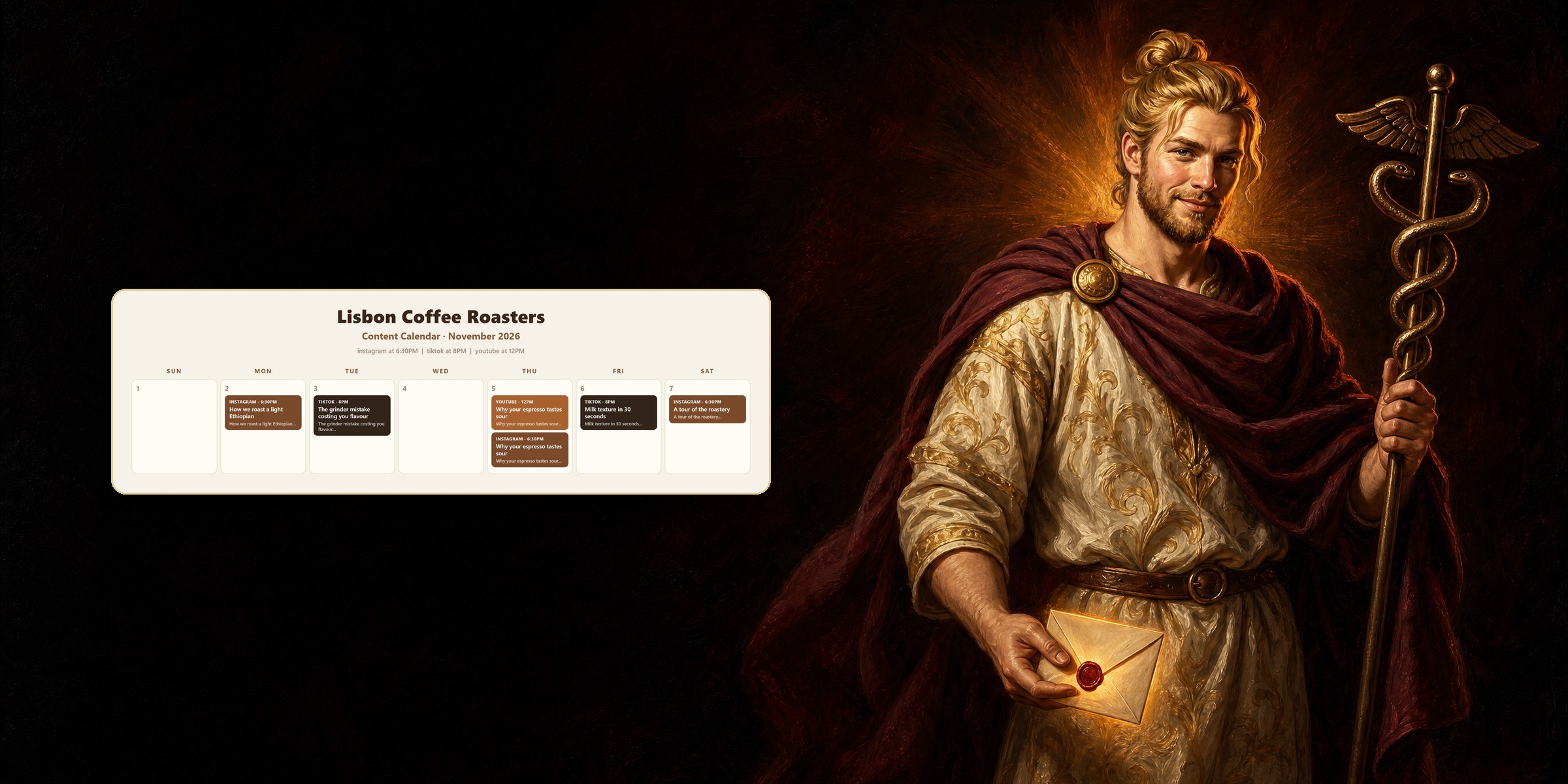 Hermes, and a week of posts laid out as a calendar