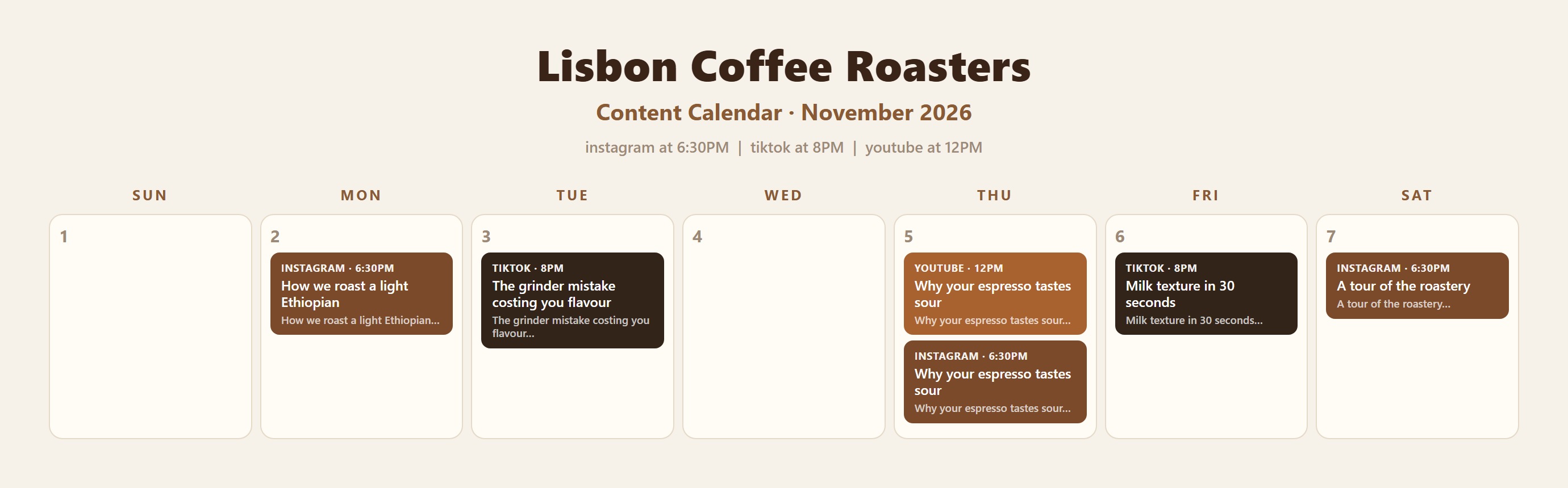 One week of a content calendar, showing which video posts to which channel each day