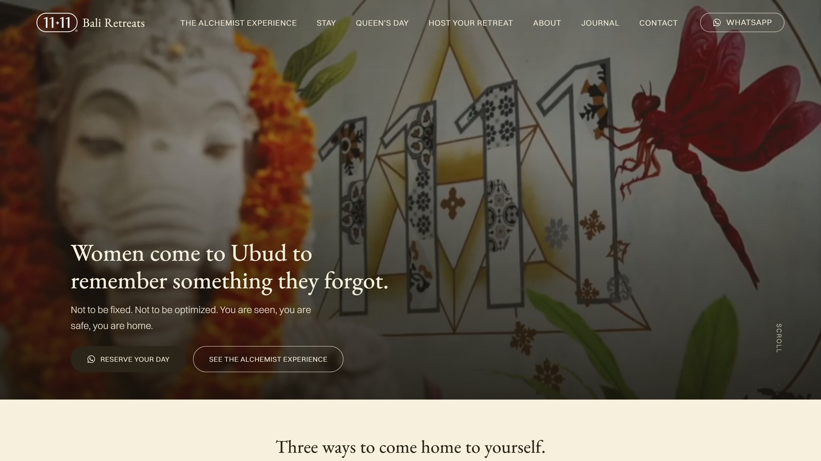 A wellness retreat website in Ubud, cream and deep green with a quiet serif