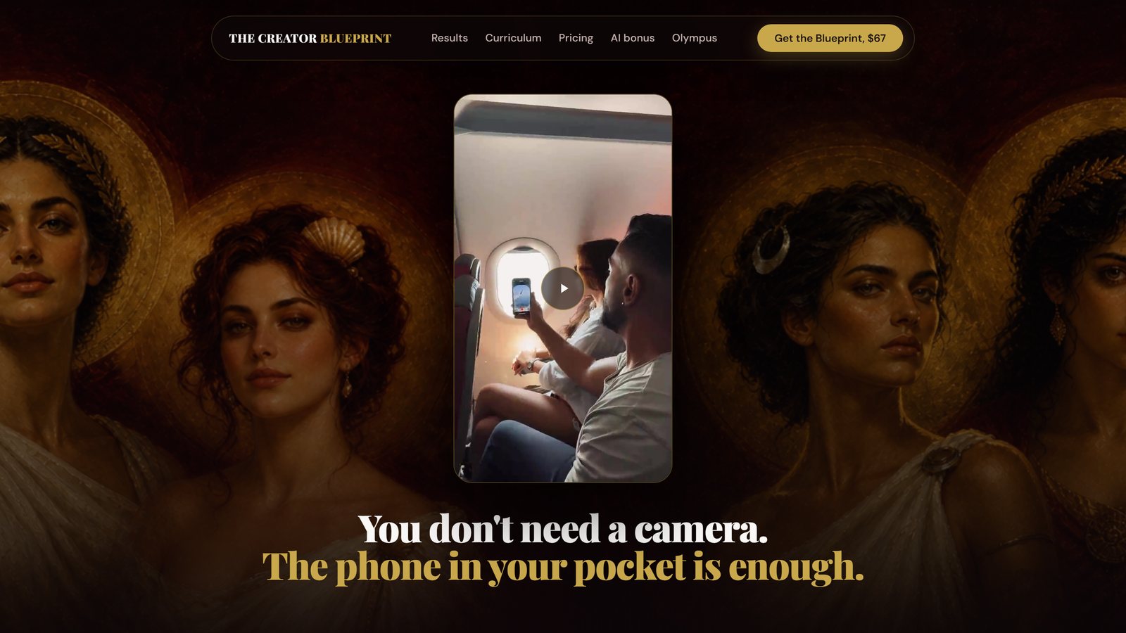 A phone videography course website, maroon and gold with oil painted portraits
